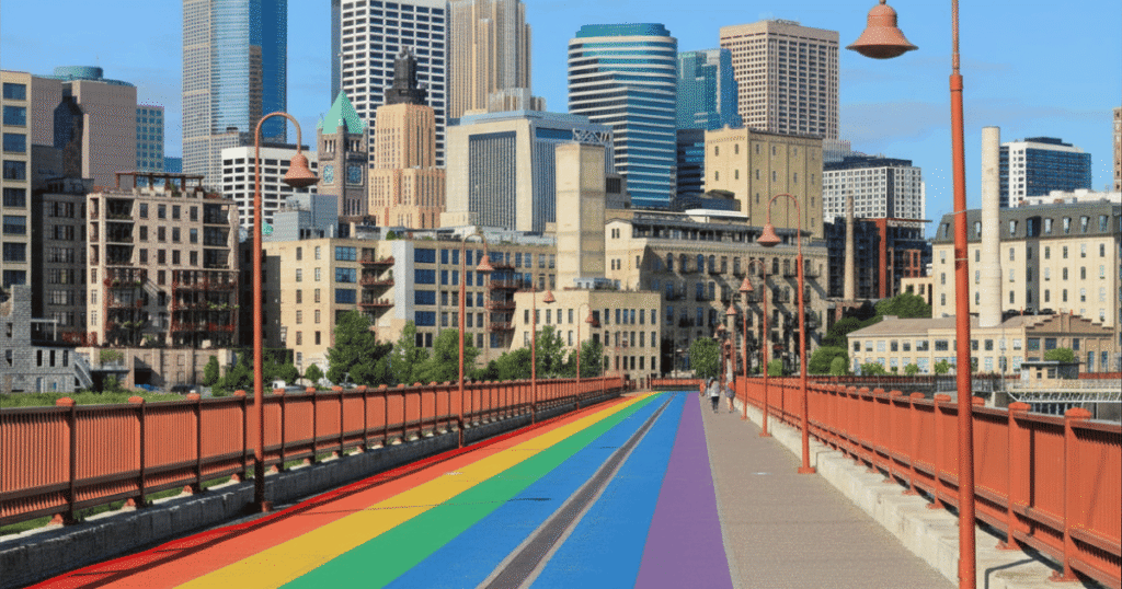 Rainbow-painted Stone Arch Bridge in Minneapolis with downtown skyline, symbolizing LGBTQ-friendly living in Minnesota
