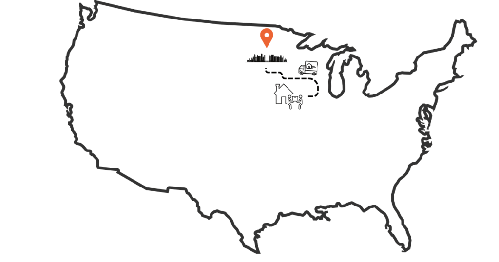 Illustrated map showing a move from Iowa to Minnesota with a moving truck and home icons