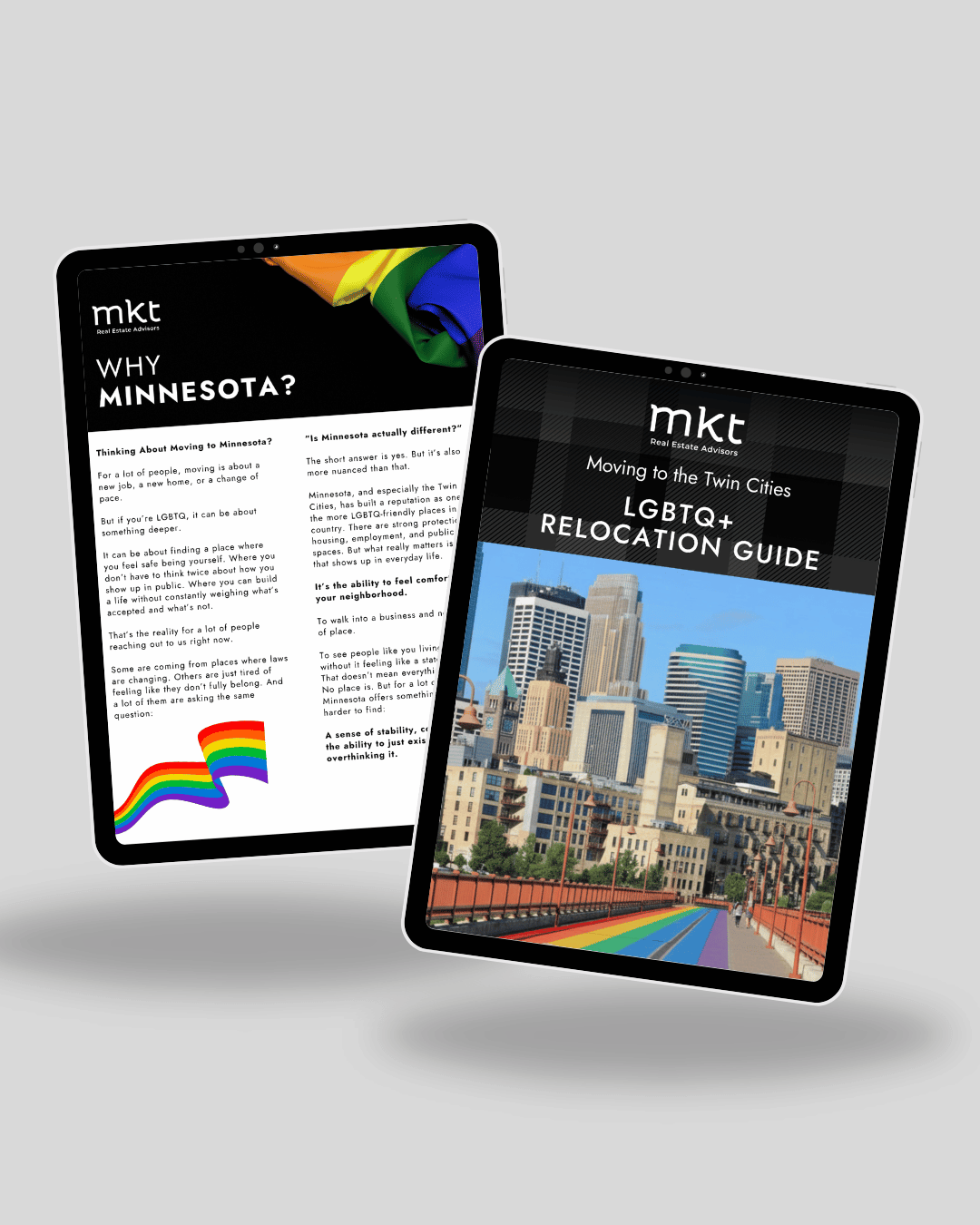 LGBTQ relocation guide cover featuring Minneapolis skyline and rainbow bridge in the Twin Cities