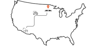 Illustrated map showing a move from Arizona to Minnesota with a moving truck and city skyline icons