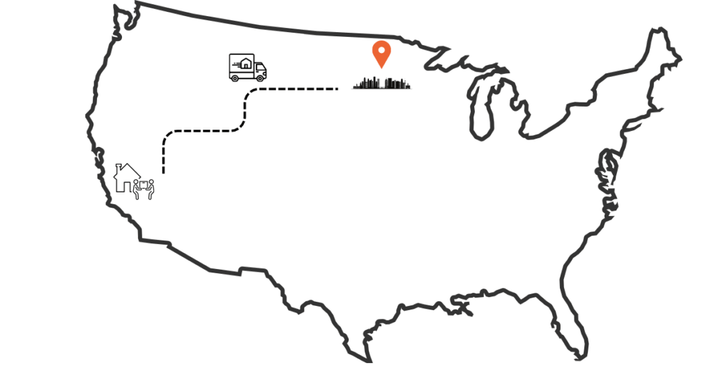 Illustrated map showing a move from California to Minnesota with a moving truck and city skyline icon