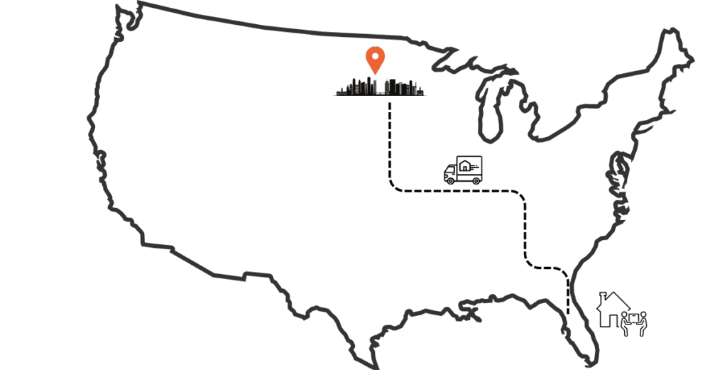 map showing move from Florida to Minnesota relocation path across the United States