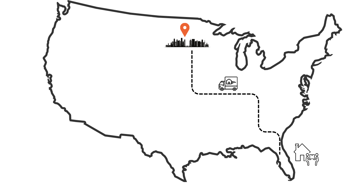 map showing move from Florida to Minnesota relocation path across the United States