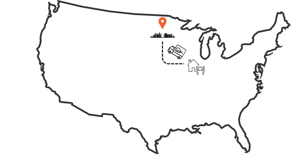 Illustrated map showing a move from Illinois to Minnesota with a moving truck and city skyline icons