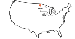 Illustrated map showing a move from Michigan to Minnesota with a moving truck and city skyline icons