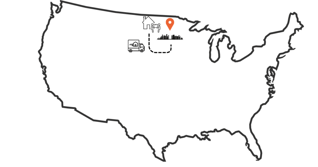 Illustrated map showing a move from North Dakota to Minnesota with a moving truck and city skyline icons
