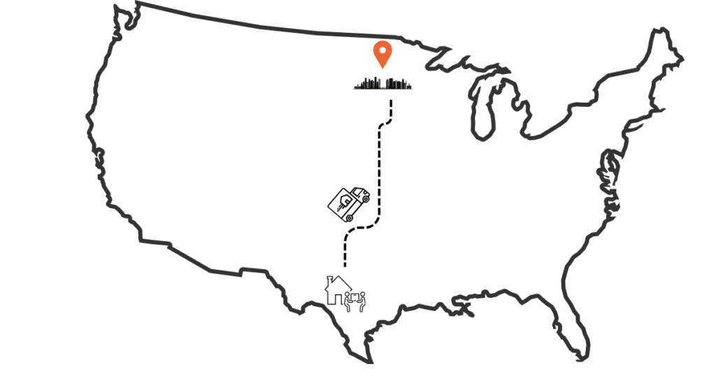 Illustrated map showing a move from Texas to Minnesota with a moving truck and city skyline icons