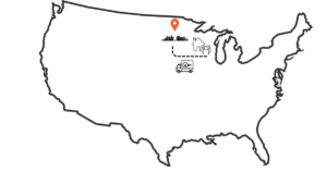 Illustrated map showing a move from Wisconsin to Minnesota with a moving truck and city skyline icons