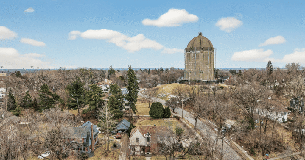 Tangletown neighborhood in Minneapolis with Washburn Water Tower and residential homes in a quiet South Minneapolis community