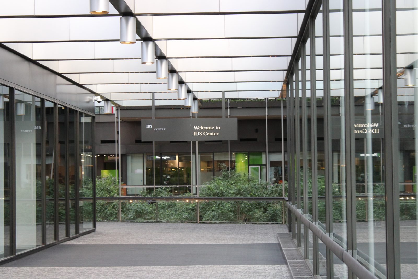 Glass skyway bridge leading into the IDS Center in downtown Minneapolis