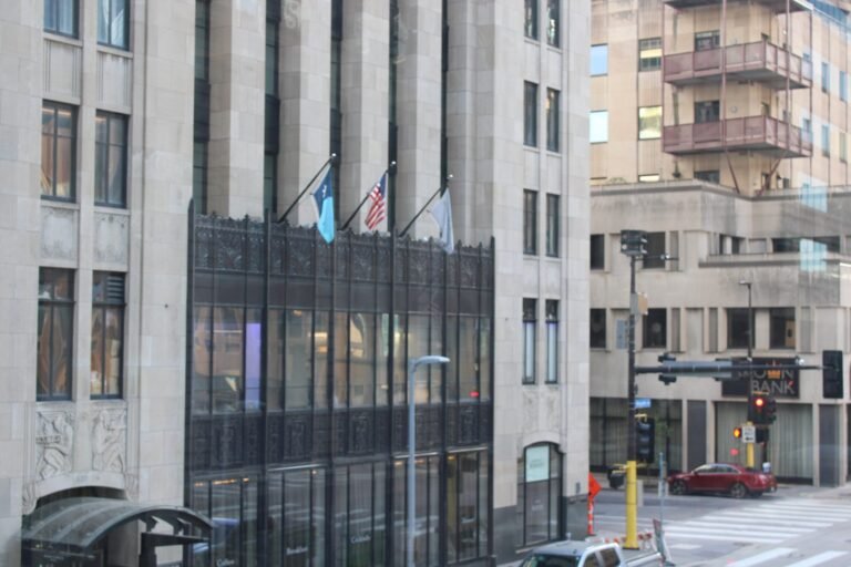Art Moderne facade of the Rand Tower Hotel on Marquette Avenue seen from a Minneapolis skyway
