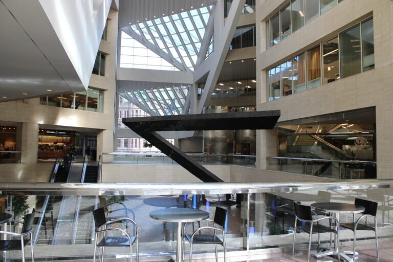 Glass atrium and black sculpture at U.S. Bank Plaza on the Minneapolis skyway